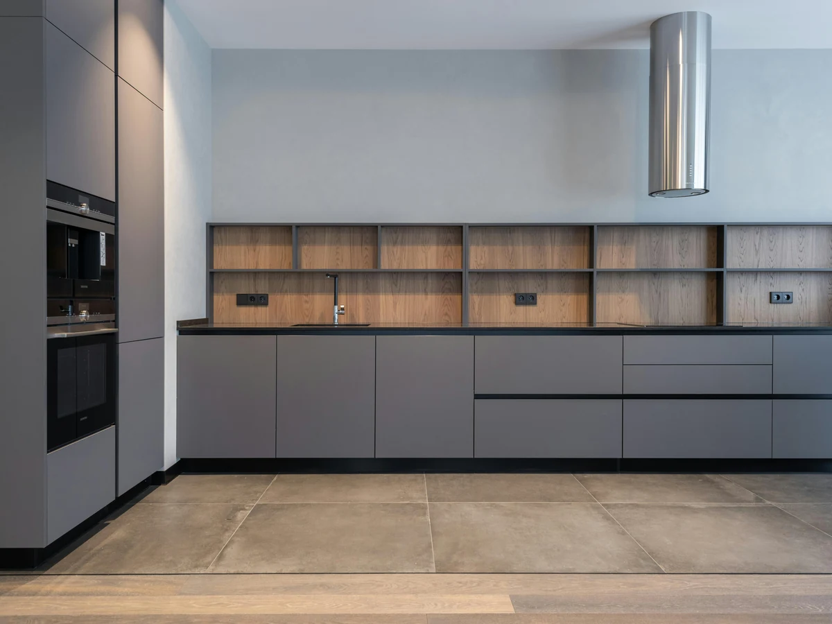 Grey modern kitchen cabinet painting in Cambridge, spray finish by Cambridge Decorators