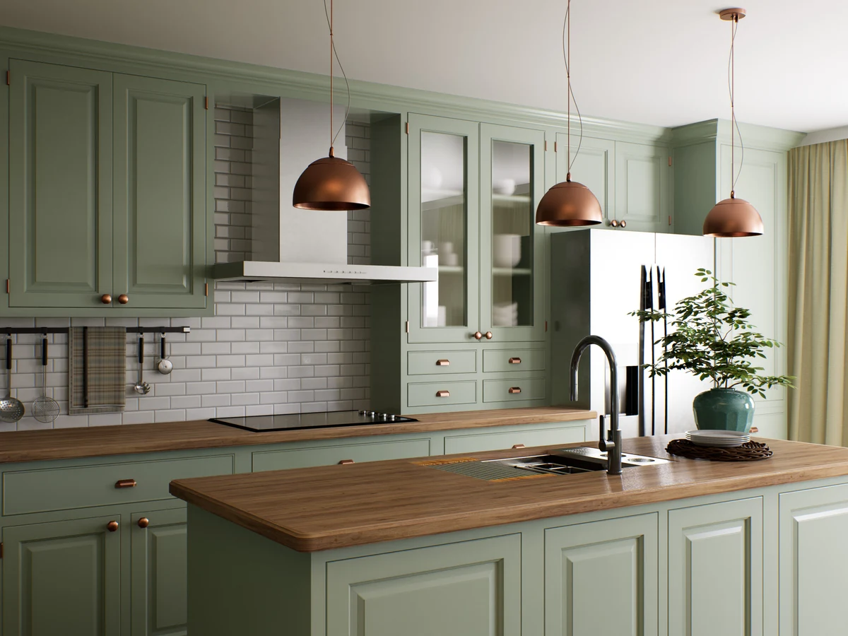 Sage green shaker kitchen cabinets painted by Cambridge Decorators, professional respray finish