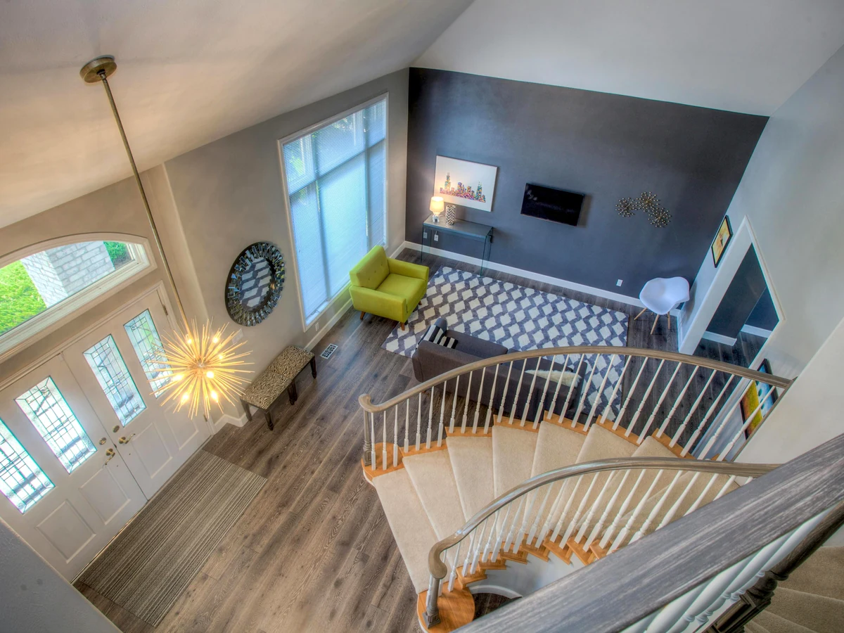 Staircase painting in Cambridge by Cambridge Decorators, aerial view of open staircase