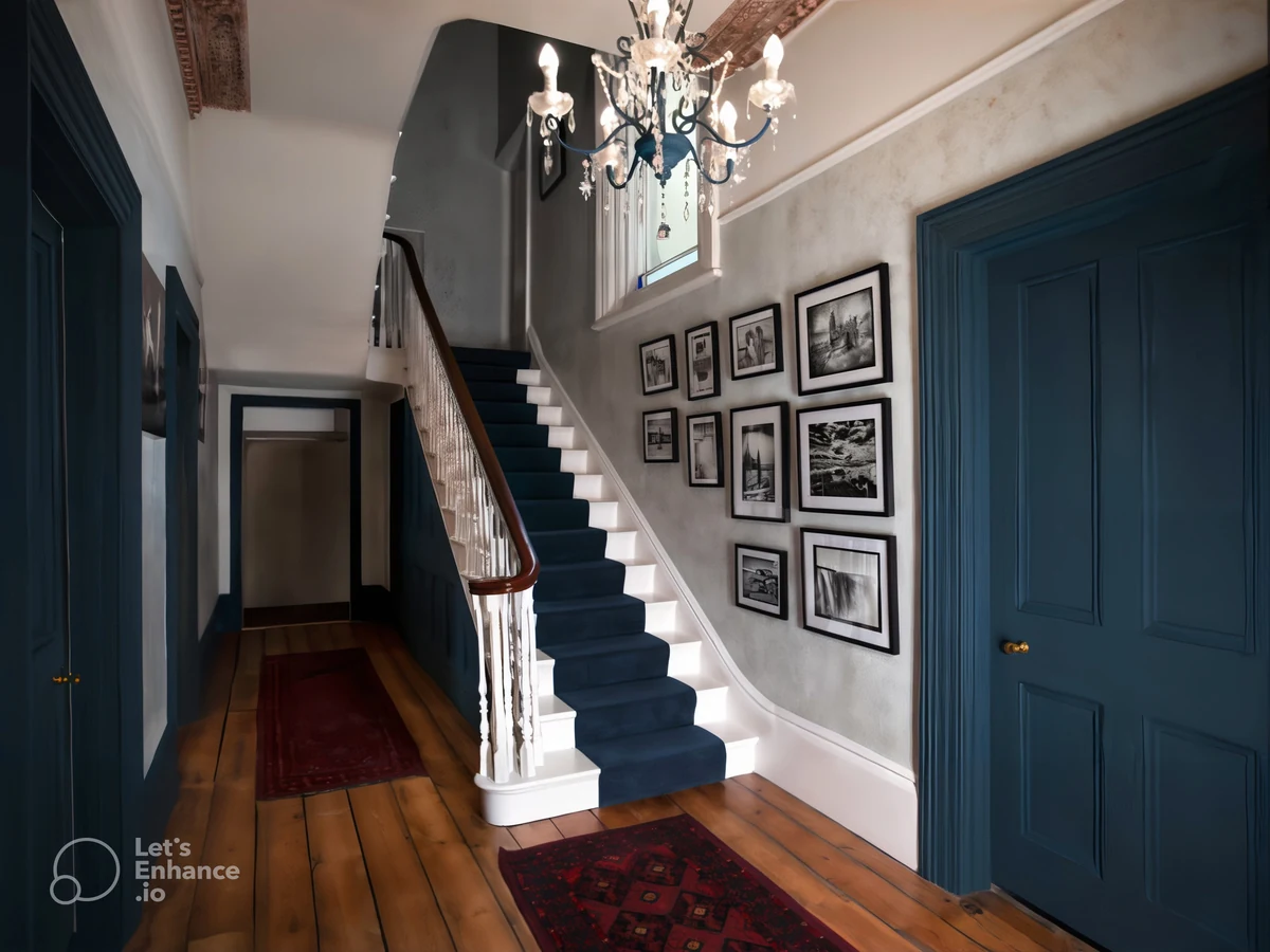Victorian curved staircase hallway painting in Cambridge by Cambridge Decorators